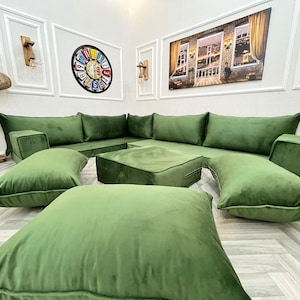 Green Velvet Floor Seating Sofa: L-Shaped Modern Living Room Couch- Custom Made Sofas