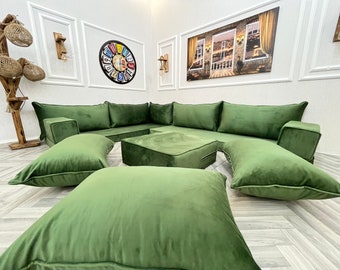 Green Velvet Floor Seating Sofa: L-Shaped Modern Living Room Couch- Custom Made Sofas