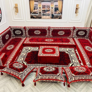 Ottoman Style U Shaped Arabic Sofa Living Room Floor Seating Set, Boho Floor Couch, Arabic Majlis, Turkish Floor Sofa Set, Ottoman Couch Rug