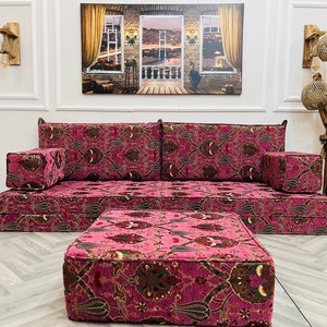 8'' Thick Functional Floor Seating Living Room Sofa Set, Turkish Tulip Pattern Floor Cushion,Unique Design Living Room Decor,Arabic Sofa Set Sofa + Ottoman Pouf