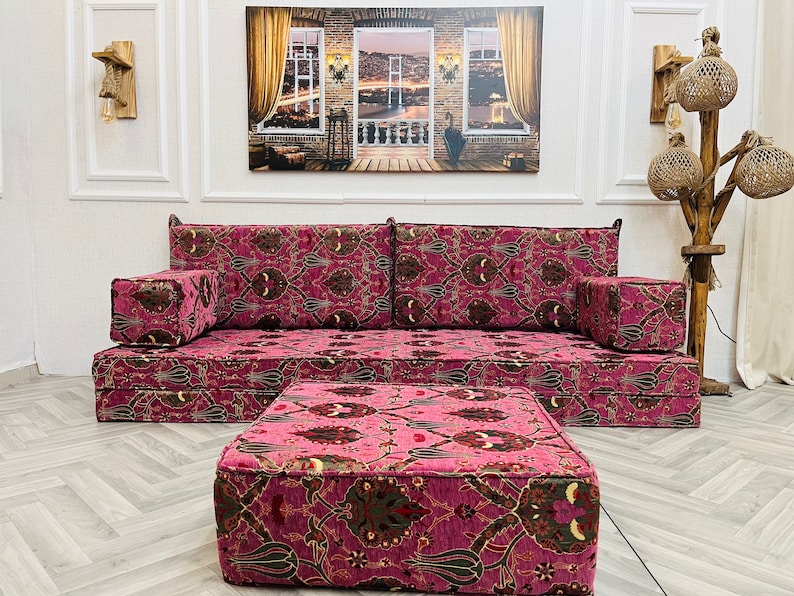 8'' Thick Functional Floor Seating Living Room Sofa Set, Turkish Tulip Pattern Floor Cushion,Unique Design Living Room Decor,Arabic Sofa Set Sofa + Ottoman Pouf