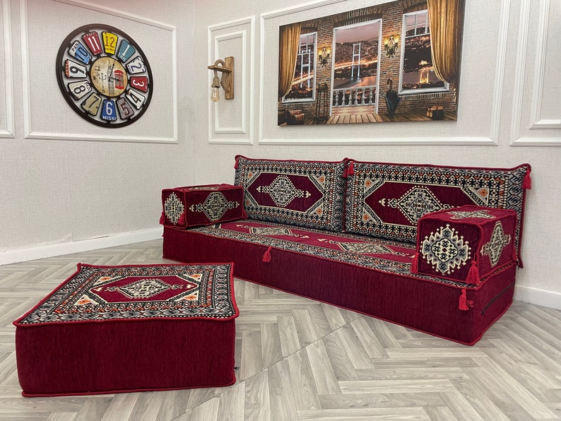 8 inch Thick Stunning Burgundy Authentic Floor Seating Sofa Set, Floor Sofa, Raised Floor Seating Set, Arabic Sofa Set, Floor Cushion Couch zdjęcie 8