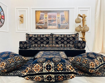 8" Navy Color Modular Arabic Sofa Living Room Set, Floor Seating Sofa, Arabic Majlis, Sectional Sofa, Floor Cushions, Ottoman Couch & Rug