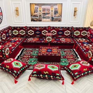 8&#39;&#39; Thick U Shaped Maroon Arabic Living Room Sofa Floor Seating Set ,Floor Couches ,Sectional Sofa, Arabic Majlis Sofa,Floor Cushion,Pillows
