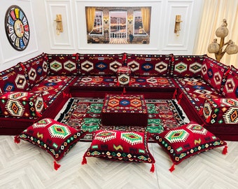 8'' Thick U Shaped Maroon Arabic Living Room Sofa Floor Seating Set ,Floor Couches ,Sectional Sofa, Arabic Majlis Sofa,Floor Cushion,Pillows