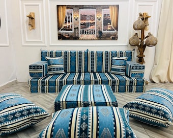 8 inch Thick Turquoise Turkish Floor Sofa Set: Arabic Living Room Cushions, Floor Pillows