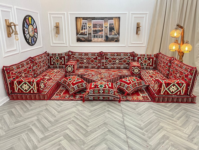 Authentic Red U Shaped Arabic Sofa Living Room Floor Seating Set, Boho Floor Couch, Arabic Majlis, Turkish Floor Sofa Set, Ottoman Couch Rug image 9