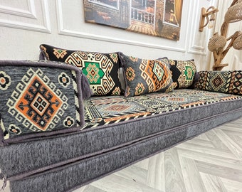 8'' Thickness Arabic Sofa Set Lux , Ethnic Floor Cushion Couch, Gray Floor Sofa, Boho Couches, Floor Seating Sofa with Back Throw Pillows