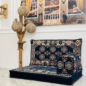 Navy Arabic Single Floor Sofa: Jalsa Seating Cushion with Backrest and Armrest Pillow