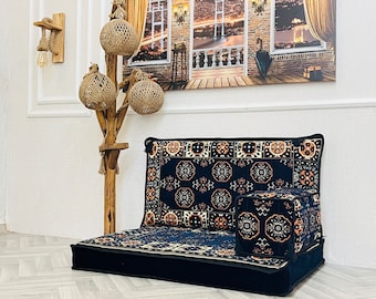 Navy Arabic Single Floor Sofa: Jalsa Seating Cushion with Backrest and Armrest Pillow