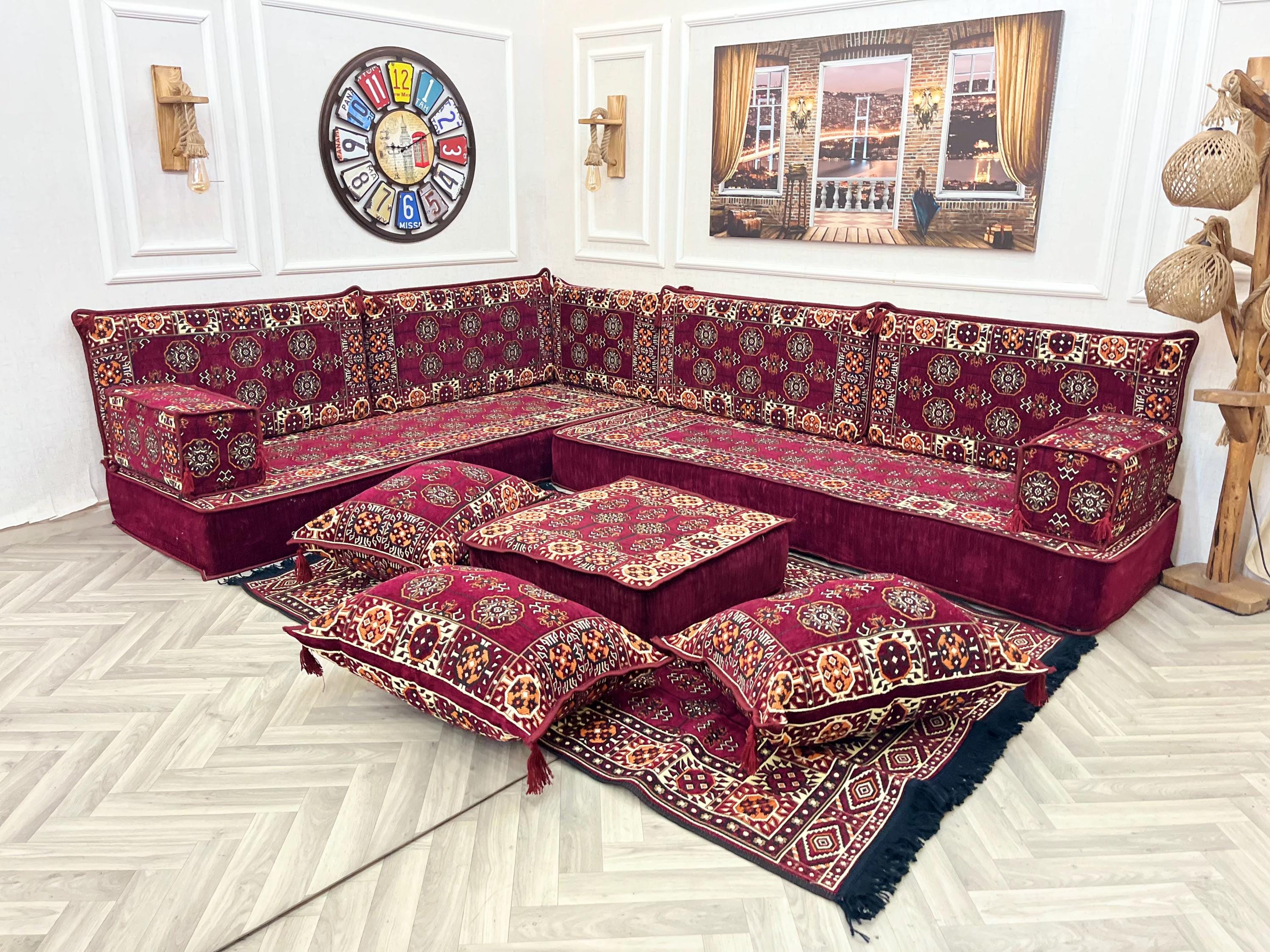 Majlis Rug 8 Inch Thick Arabic Majlis Floor Seating Set: L Shaped Sofa, Cushions ...