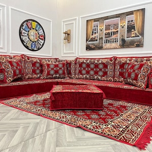 8 inch Thick Ethnic L Shaped Arabic Sofa Living Room Sofa Set,Floor Cushion, Floor Seating Sofa, Arabic Majlis, Sectional Sofa,Ottoman Couch