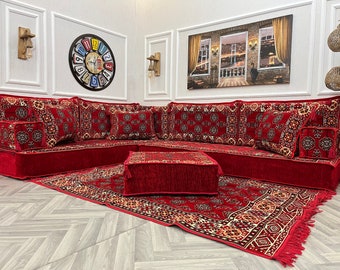 Ethnic L-Shaped Arabic Majlis Sofa Set: Floor Seating, Ottoman & Rug, Living Room Decor