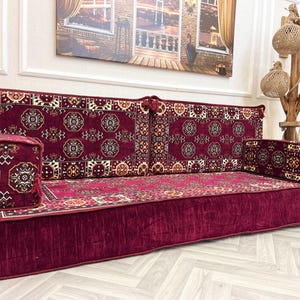 Burgundy Arabic Floor Sofa Set: Majlis Seating, Backrest & Armrests