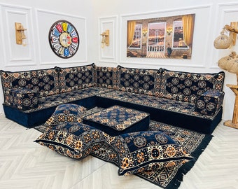 Set di posti a sedere da pavimento per soggiorno a forma di L con divano arabo blu scuro spesso 8", cuscino da pavimento, divano da pavimento tradizionale, divani utilizzabili per interni ed esterni