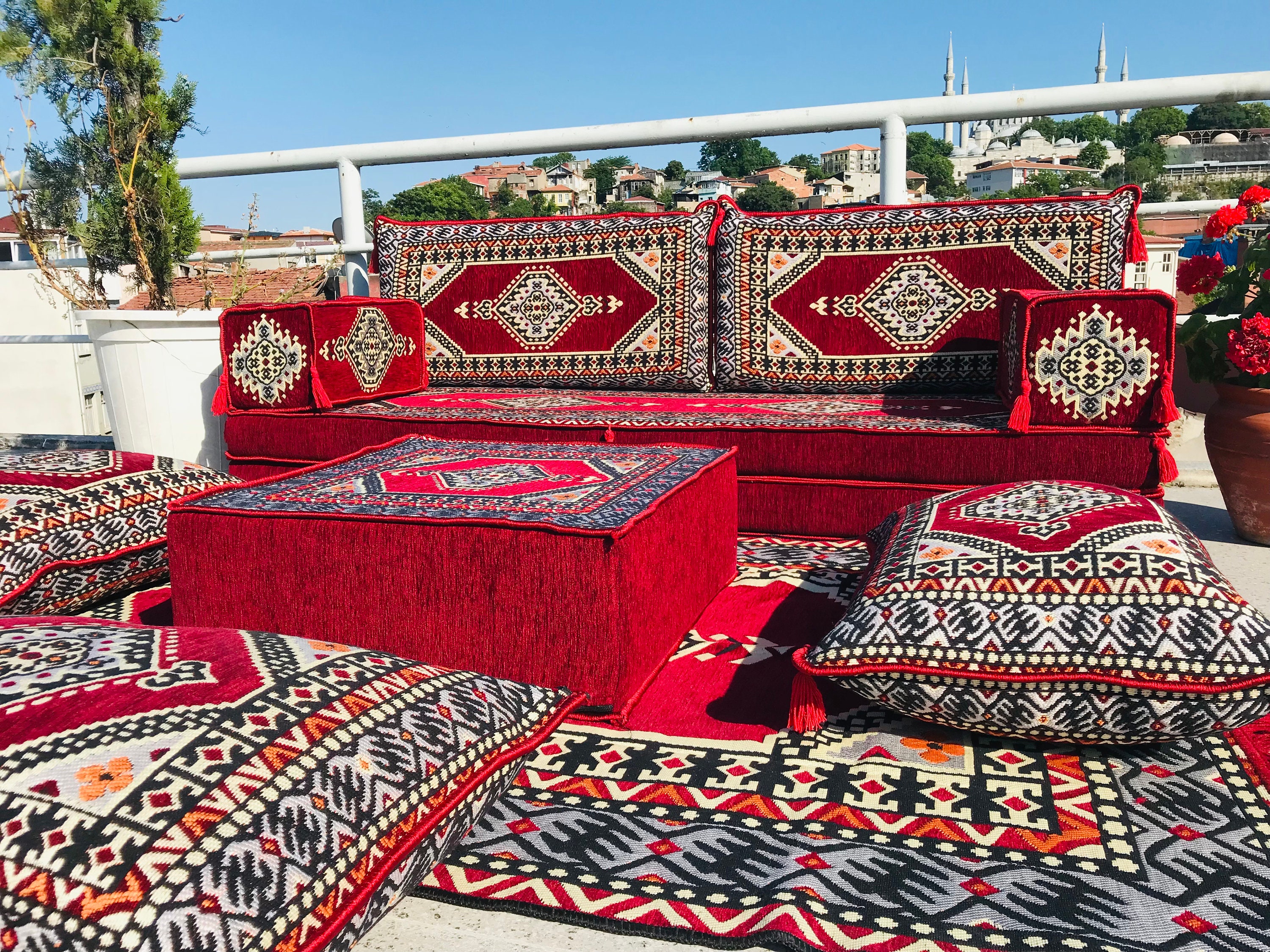 Majilis Rug Arabic Majlis Floor Cushion Sofa: Boho Garden Couch, Ottoman & Rug- 8 ...