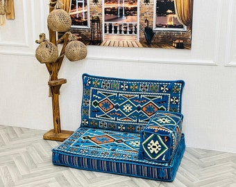 Blue Single Floor Sofa: Living Room Cushion Seating, Arabic Sofa, Home Decor Gift