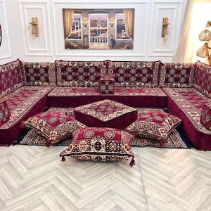 8 inch Thick Traditional Arabic Sofa Cushions and Pillows, Luxurious Majlis Floor Seating Set, U Shaped Sofa Set, Floor Cushion, Floor Couch