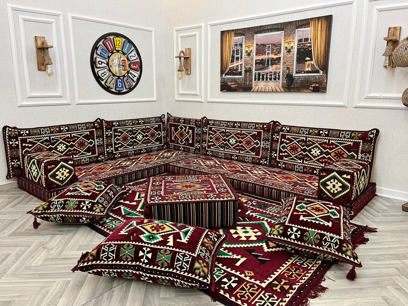 L Shaped Maroon Arabic Sofa Floor Cushion Seating Set, Living Room Sofa, Ottoman Couch, Floor Cushion Couch, Arabic Majlis, Sectional Sofas imagem 3