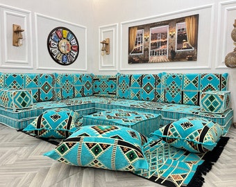 L-Shaped Arabic Majlis Sofa Set: Floor Seating, Cushions, Ottoman & Rug - 8 inch Thick