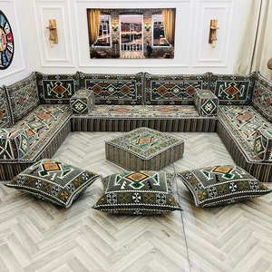 8 inch Thick U Shaped Modular Dark Grey Arabic Living Room Sofa Floor Seating Set ,Boho Floor Couch, Floor Cushion,Anatolian Sofa,Floor Sofa U Set+Ottoman+Pillow