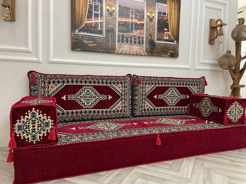 8 inch Thick Stunning Burgundy Authentic Floor Seating Sofa Set, Floor Sofa, Raised Floor Seating Set, Arabic Sofa Set, Floor Cushion Couch Sofa Only