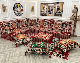 Ensemble de canapé de salon de canapé arabe en forme de L de 8 pouces, coussin de sol ethnique rouge, canapé de siège au sol, Majlis arabe, canapé sectionnel, canapé ottoman