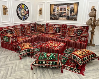 8 inch L Shaped Arabic Sofa Living Room Sofa Set,  Red Ethnic Floor Cushion, Floor Seating Sofa, Arabic Majlis, Sectional Sofa,Ottoman Couch