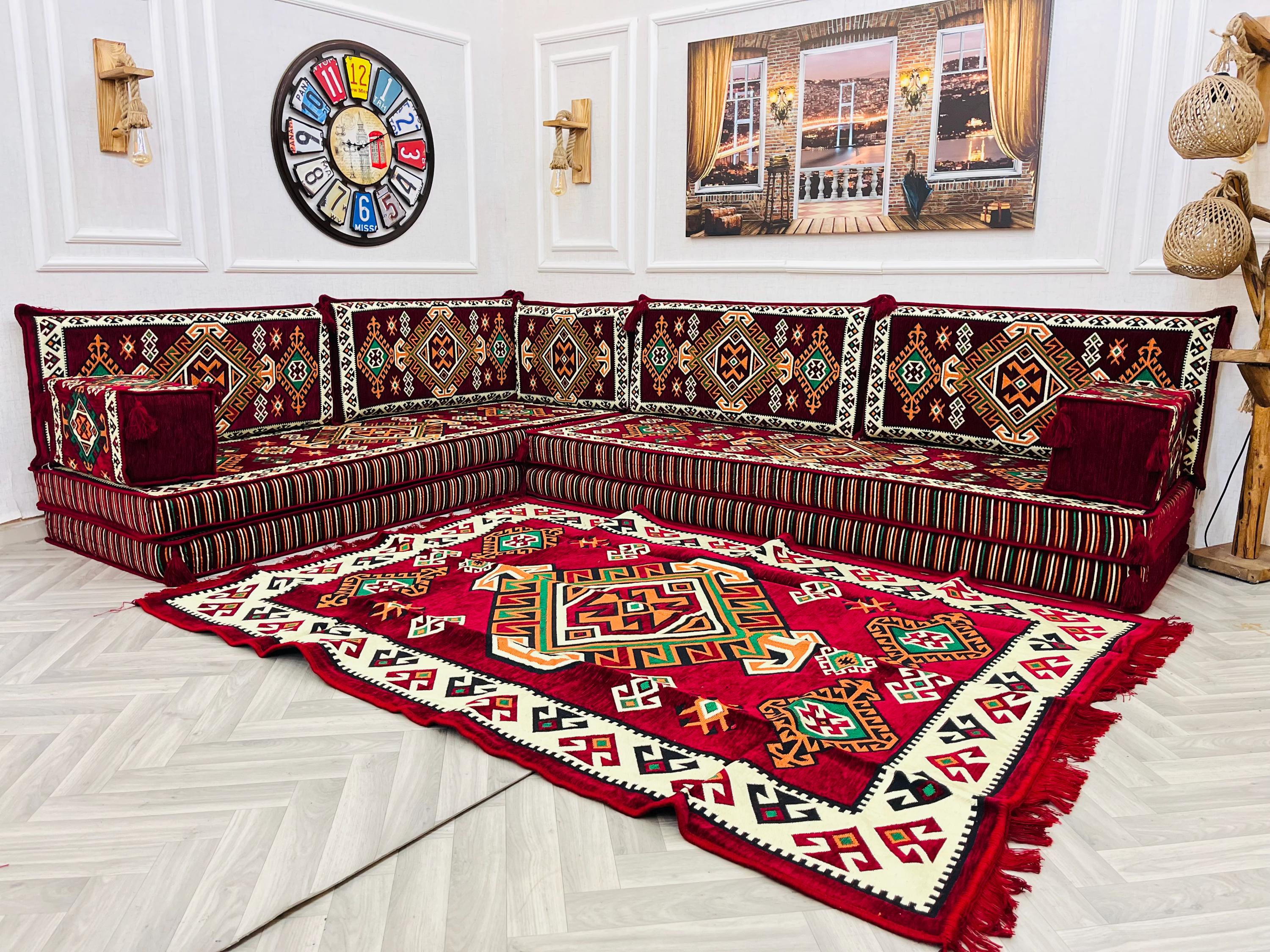 Burgundy Floor Seating Sofa Set: L Shaped Couch With Kilim Rug