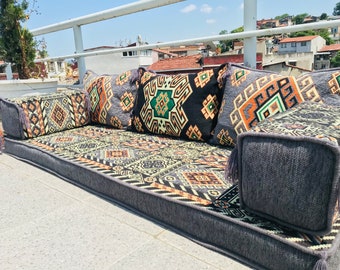 Ethnic Floor Seating Sofa: Gray Kilim Rug, Bohemian Ottoman Couch