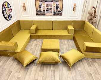 Luxury Arabic Majlis Style Velvet Modular Floor Sofa Set,Customizable Living Room Cushion Set