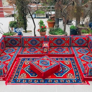 U Shape Arabic Majlis Floor Seating Couch,Moroccan Sofa,Floor Seating Cushion Couch,Sectional Sofa with Rug & Ottoman,Floor Cushion Seating