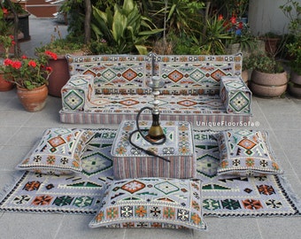 Conjunto de sofá árabe, cojines de banco, sofá seccional, cojines de piso, sofá de asiento de piso étnico interior y exterior, sofá de jardín de terraza, sofá de piso boho