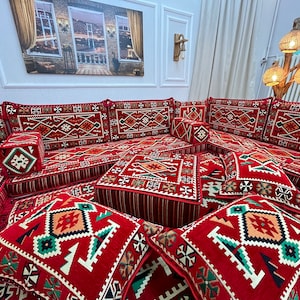 Authentic Red U Shaped Arabic Sofa Living Room Floor Seating Set, Boho Floor Couch, Arabic Majlis, Turkish Floor Sofa Set, Ottoman Couch Rug image 2