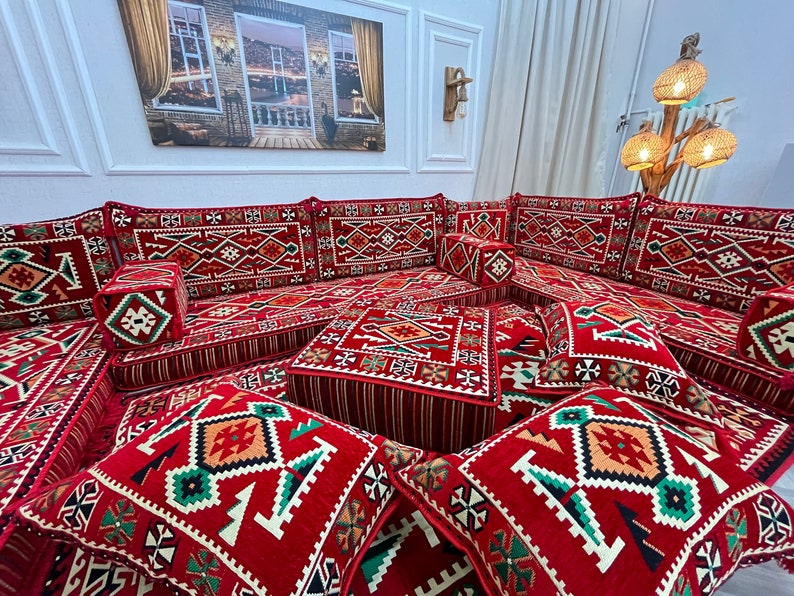 Authentic Red U Shaped Arabic Sofa Living Room Floor Seating Set, Boho Floor Couch, Arabic Majlis, Turkish Floor Sofa Set, Ottoman Couch Rug image 2