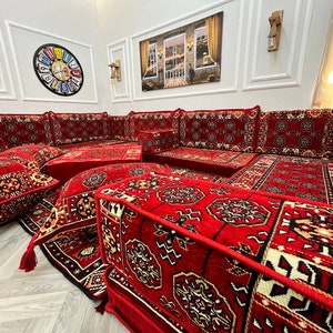 Red Anatolian U Shaped Arabic Sofa, Floor Cushion Seating Set, Boho Living Room, Floor Couch, Arabic Majlis, Turkish Floor Sofa Set, Ottoman