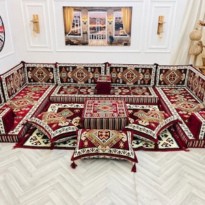 Arabic Majlis Modular Floor Sofa Seating Set: U Shaped Boho Sofa, Ottoman & Rug