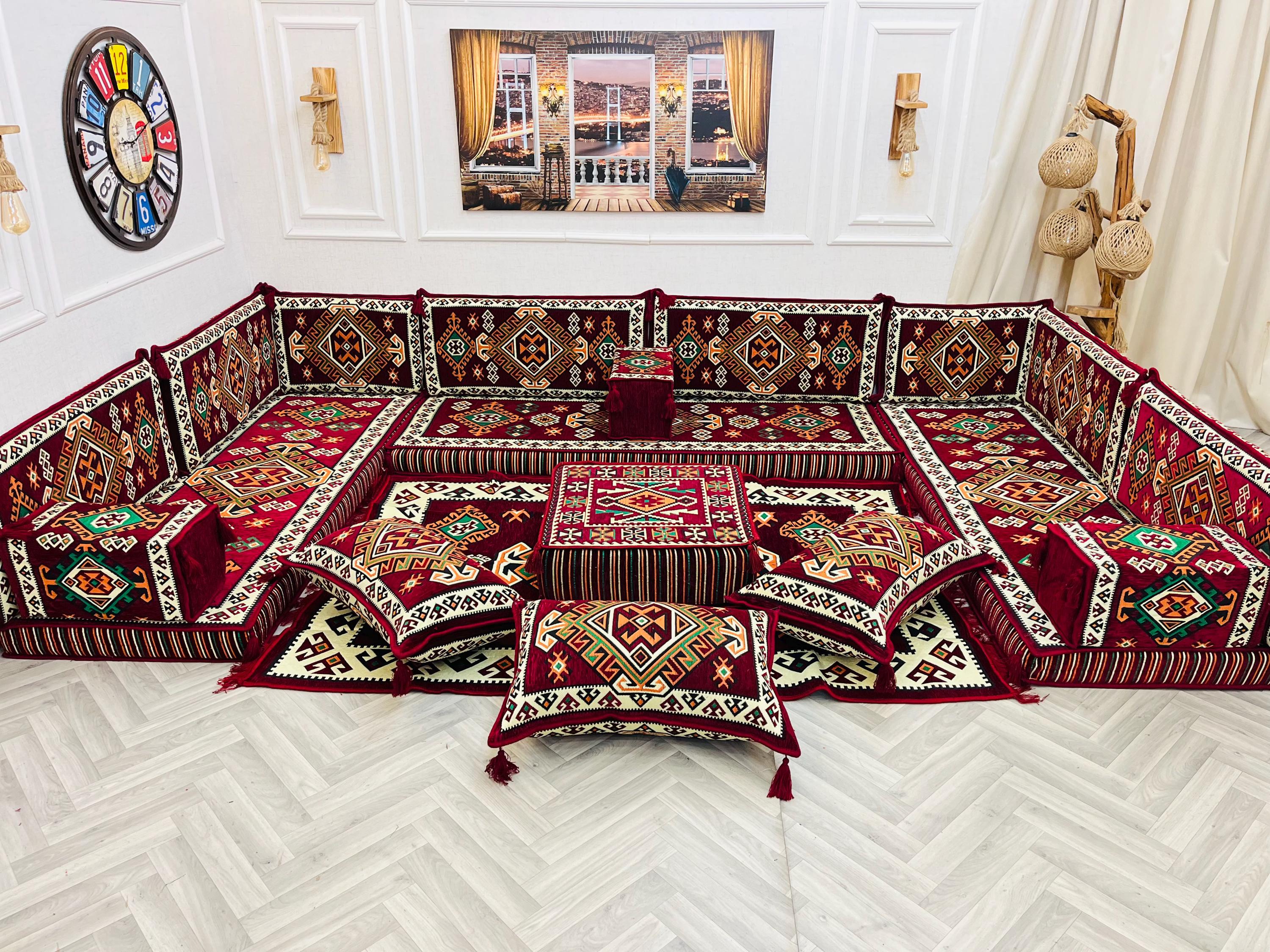 Majlis Rug Arabic Majlis Modular Floor Sofa Seating Set: U Shaped Boho Sofa ...