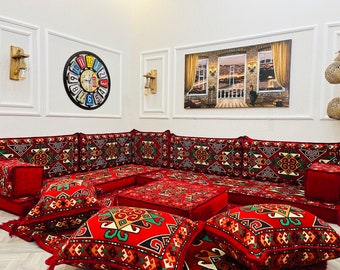 L Shaped Arabic Majlis Floor Seating Set: Ottoman Couch & Rug, Floor Cushions