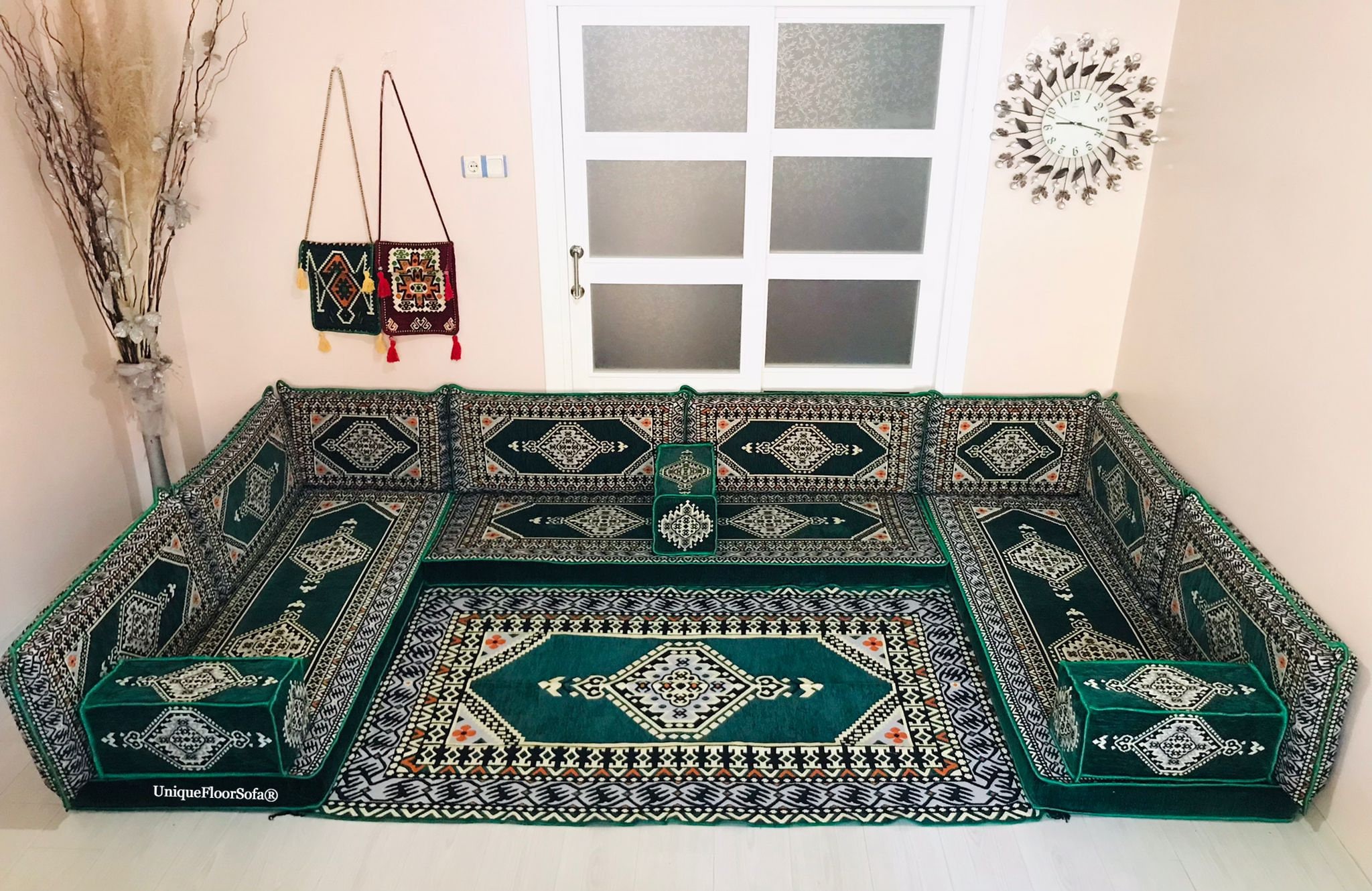 Majilis Rug Green Arabic Majlis Sofa Set: U-shaped Floor Couch, Ottoman & Rug - Etsy
