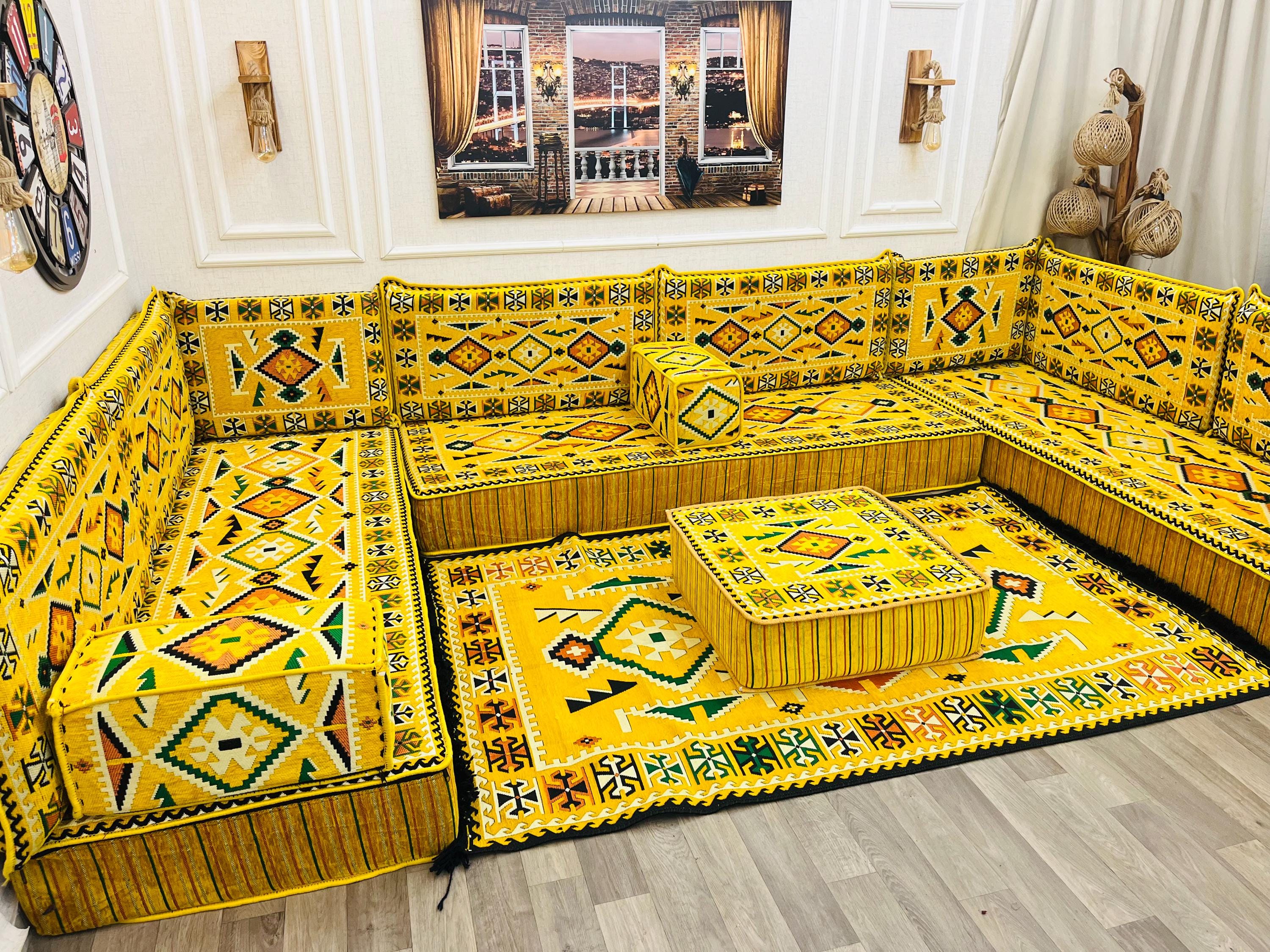 Majilis Rug Yellow U Shaped Arabic Majlis Sofa Set: Floor Seating, Cushions & Rug ...