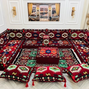 Authentic Maroon U Shaped Arabic Sofa Navy Living Room Floor Seating Set, Floor Couch, Sectional Sofa,Turkish Floor Sofa Set,Ottoman Couch