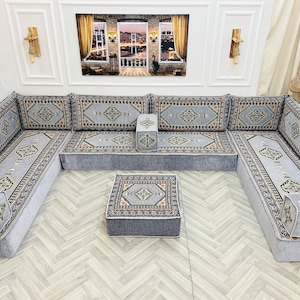 Ensemble de sièges au sol pour canapé de salon arabe modulaire en forme de U de 8 po., canapés de sol bohèmes, canapé sectionnel, canapé majlis arabe, coussin de sol U Sofa + Ottoman