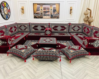 8'' Thick Maroon U Shaped Arabic Living Room Sofa Floor Seating Set ,Boho Floor Couches ,Sectional Sofa, Arabic Majlis Sofa, Floor Cushion