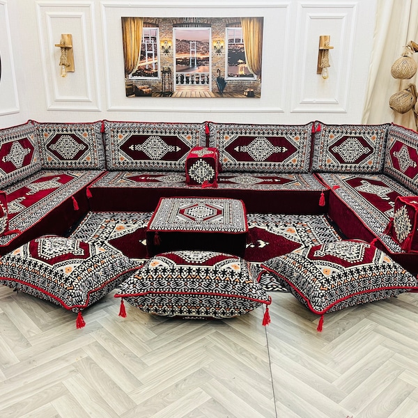 8'' Thick Maroon U Shaped Arabic Living Room Sofa Floor Seating Set ,Boho Floor Couches ,Sectional Sofa, Arabic Majlis Sofa, Floor Cushion