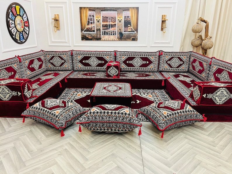 Ensemble de sièges de sol pour canapé de salon arabe en forme de U bordeaux d'épaisseur 8 po., canapés de sol bohèmes, canapé sectionnel, canapé majlis arabe, coussin de sol image 1