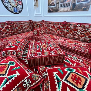 Authentic Red U Shaped Arabic Sofa Living Room Floor Seating Set, Boho Floor Couch, Arabic Majlis, Turkish Floor Sofa Set, Ottoman Couch Rug image 4