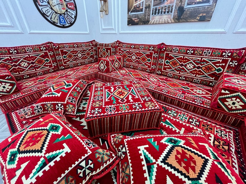 Authentic Red U Shaped Arabic Sofa Living Room Floor Seating Set, Boho Floor Couch, Arabic Majlis, Turkish Floor Sofa Set, Ottoman Couch Rug image 4