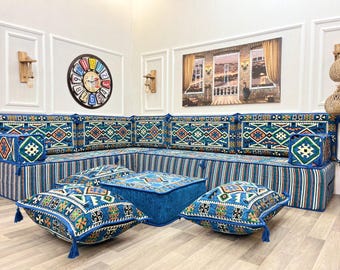 Anatolian L-Shaped Modular Floor Seating Set: Boho Majlis Sofa with Rug