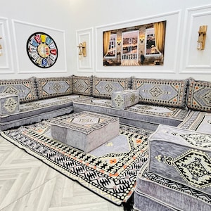 8'' Thick Anatolian U Shaped Arabic Living Room Sofa Floor Seating Set ,Boho Floor Couches ,Sectional Sofa, Arabic Majlis Sofa,Floor Cushion U Set + Ottoman&Rug